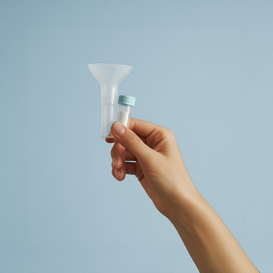Mano sosteniendo sobre un fondo celeste tubo recolector de saliva y liquido estabilizador para hacerte un test genético.